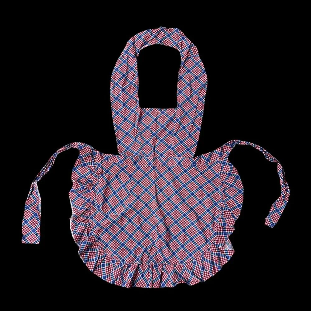 Vintage Ruffled Apron Red Blue Plaid Cotton Pocket Handmade Patriotic Kitchen